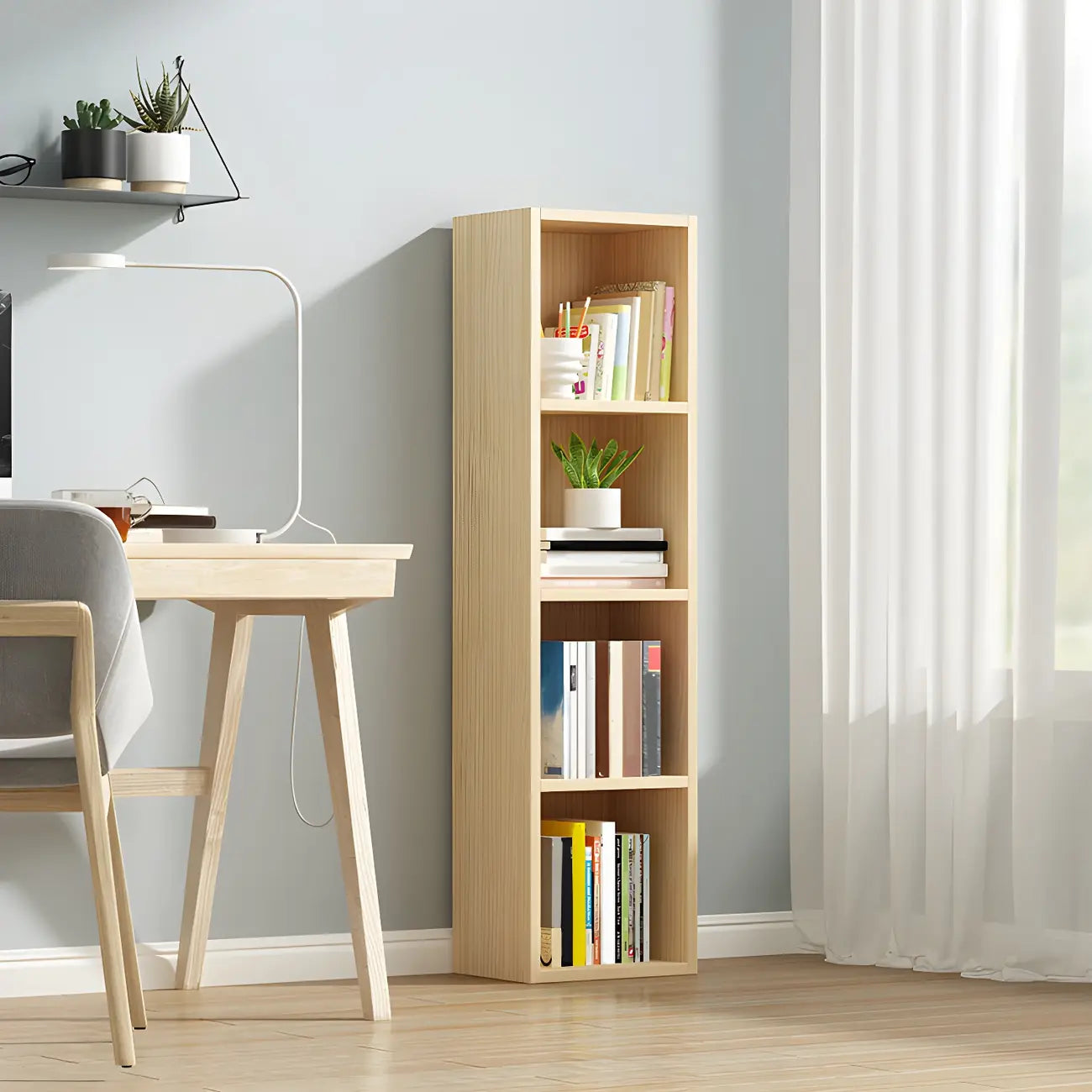 Bibliothèque verticale contemporaine en bois naturel à 5 ​​niveaux