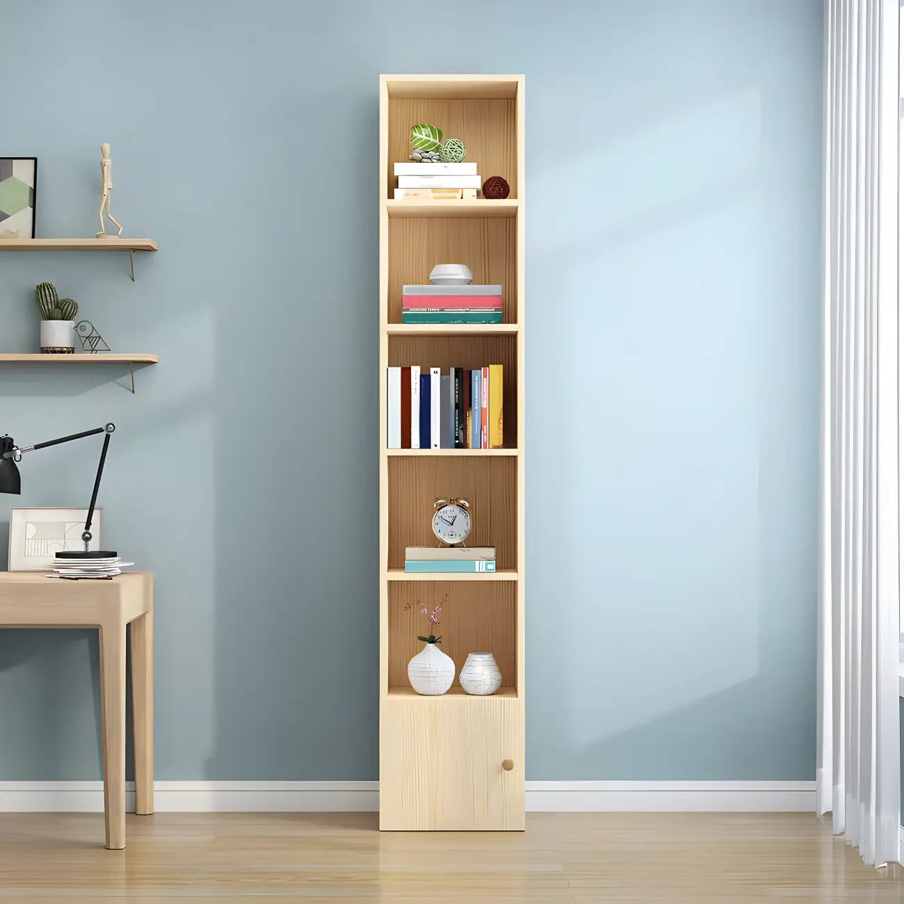 Bibliothèque verticale contemporaine en bois naturel à 5 ​​niveaux
