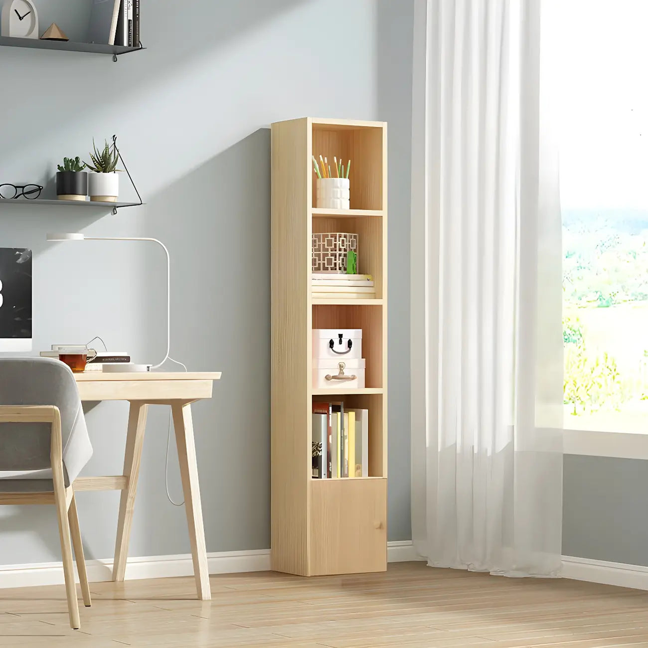 Bibliothèque verticale contemporaine en bois naturel à 5 ​​niveaux