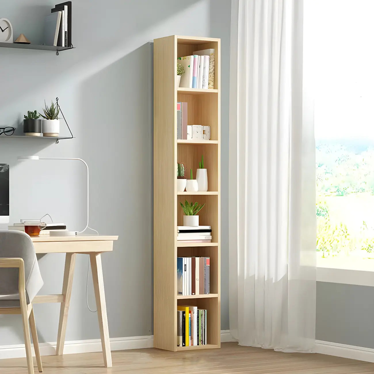 Bibliothèque verticale contemporaine en bois naturel à 5 ​​niveaux