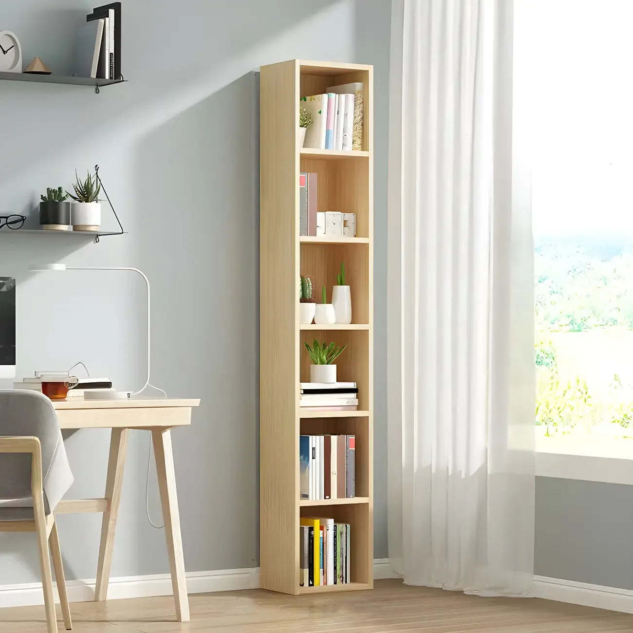 Bibliothèque verticale contemporaine en bois naturel à 5 ​​niveaux