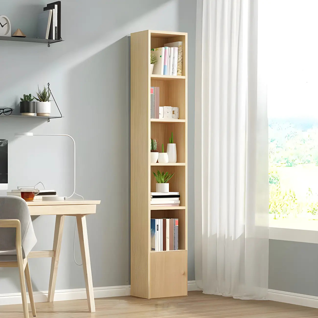 Bibliothèque verticale contemporaine en bois naturel à 5 ​​niveaux