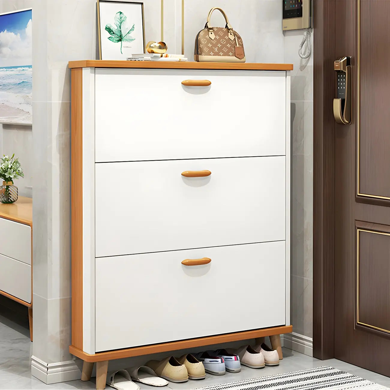 Armoire à chaussures verticale en bois massif pour entrée