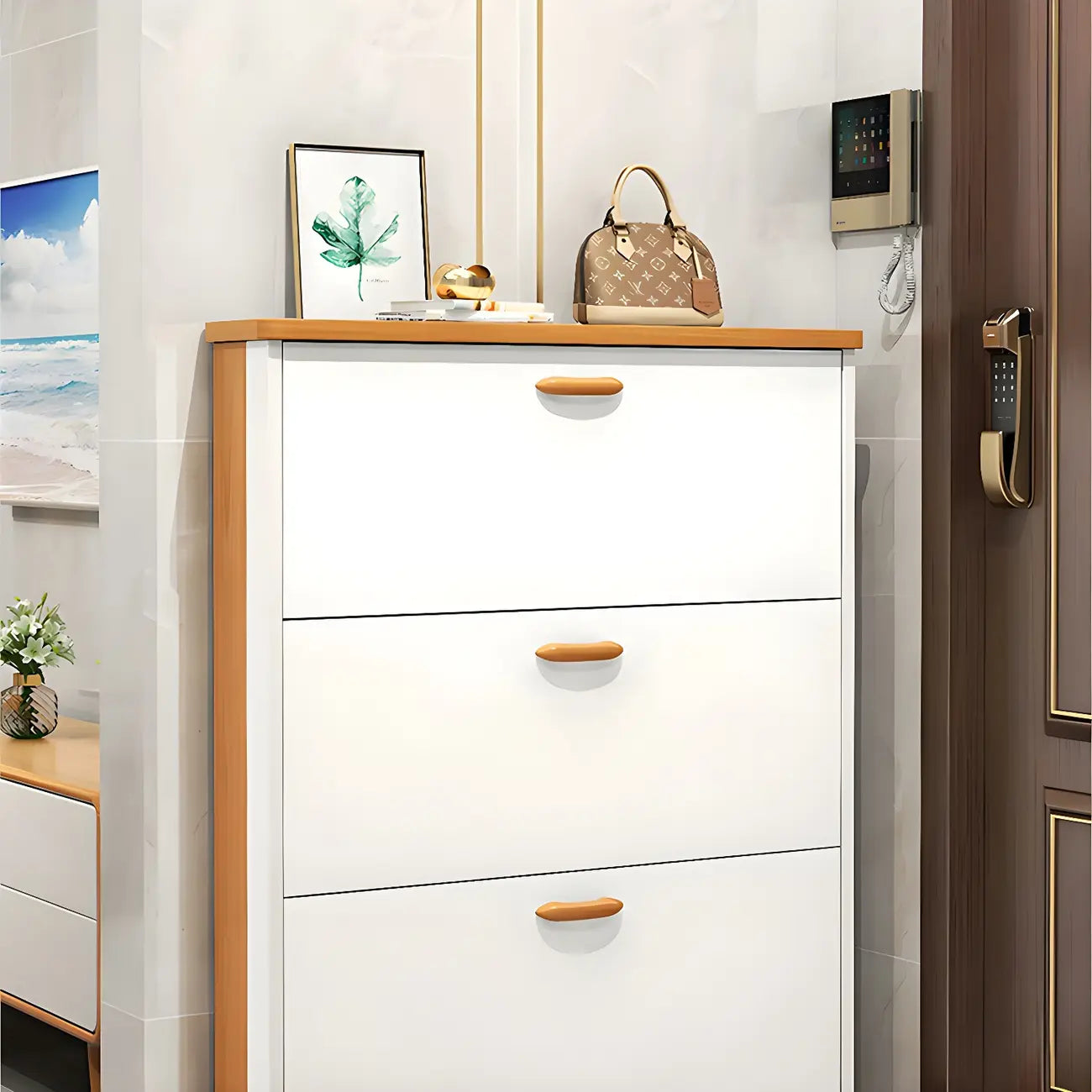 Armoire à chaussures verticale en bois massif pour entrée