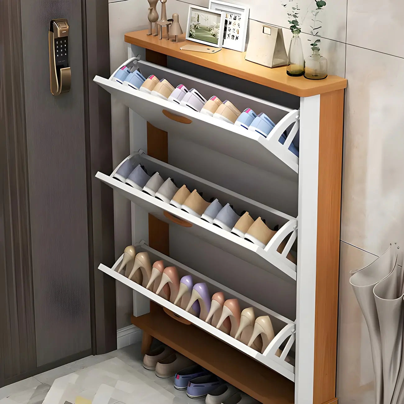 Armoire à chaussures verticale en bois massif pour entrée