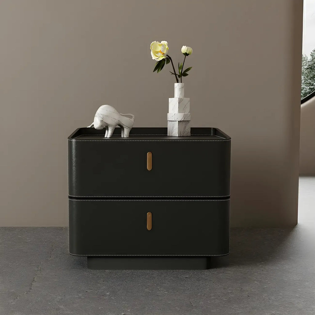 Table de chevet moderne à 2 tiroirs avec plateau en similicuir noir et revêtement en bois
