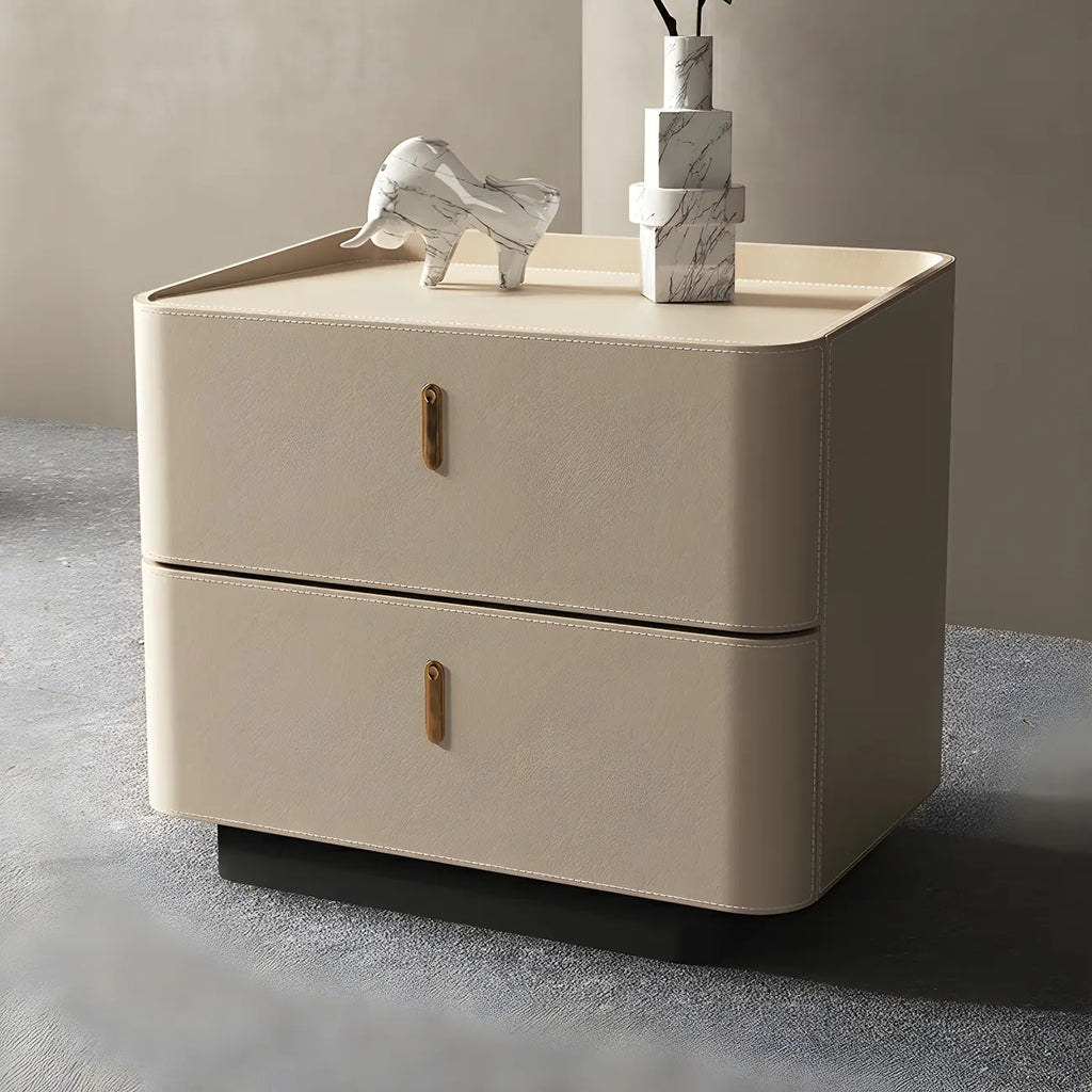 Table de chevet moderne à 2 tiroirs avec plateau en similicuir noir et revêtement en bois