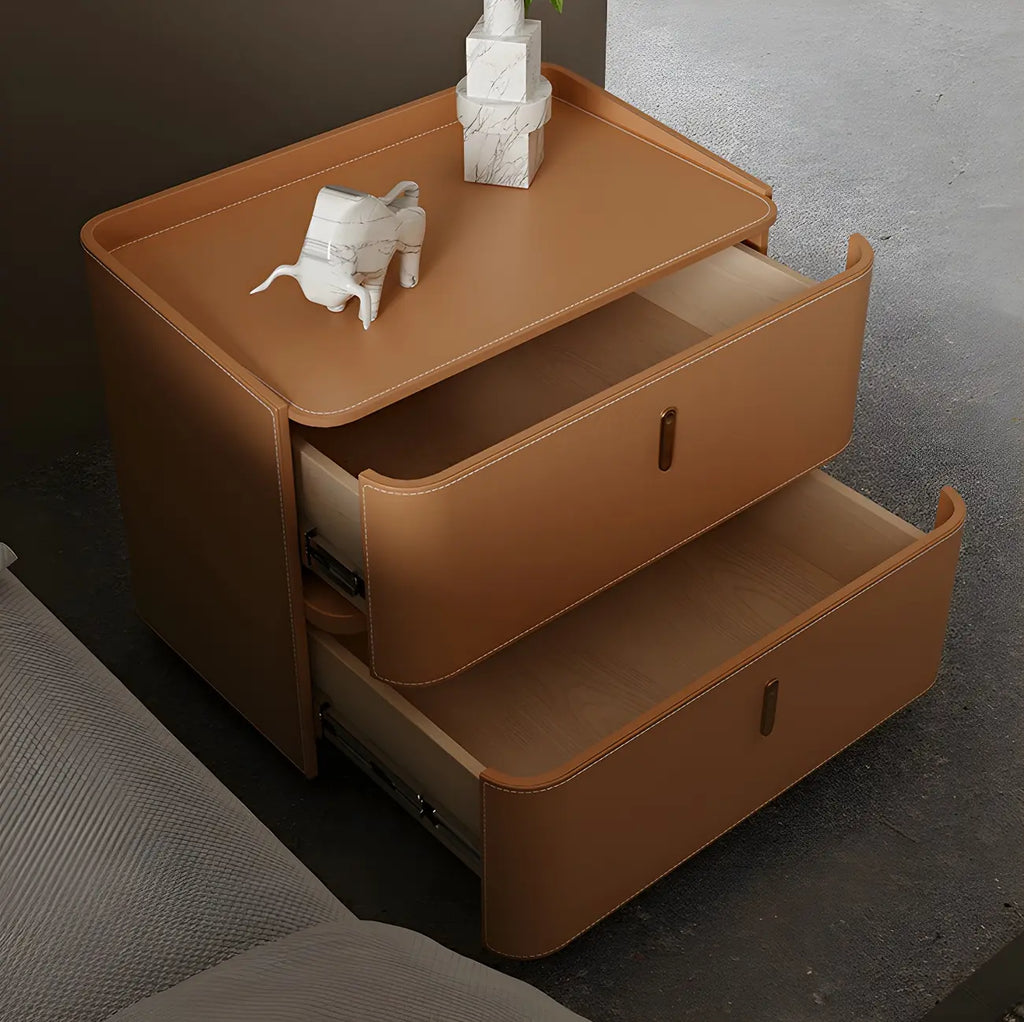 Table de chevet moderne à 2 tiroirs avec plateau en similicuir noir et revêtement en bois