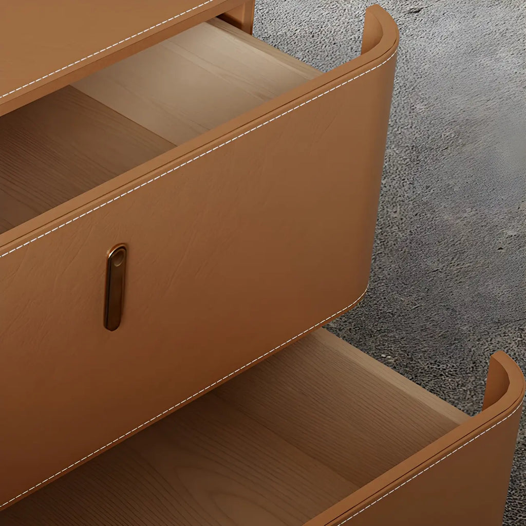 Table de chevet moderne à 2 tiroirs avec plateau en similicuir noir et revêtement en bois