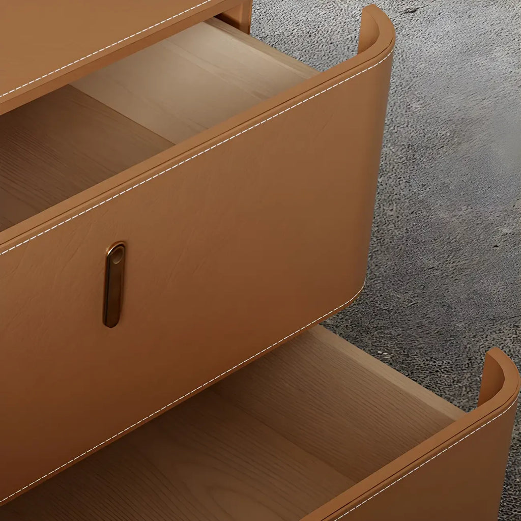 Table de chevet moderne à 2 tiroirs avec plateau en similicuir noir et revêtement en bois