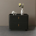Table de chevet moderne à 2 tiroirs avec plateau en similicuir noir et revêtement en bois