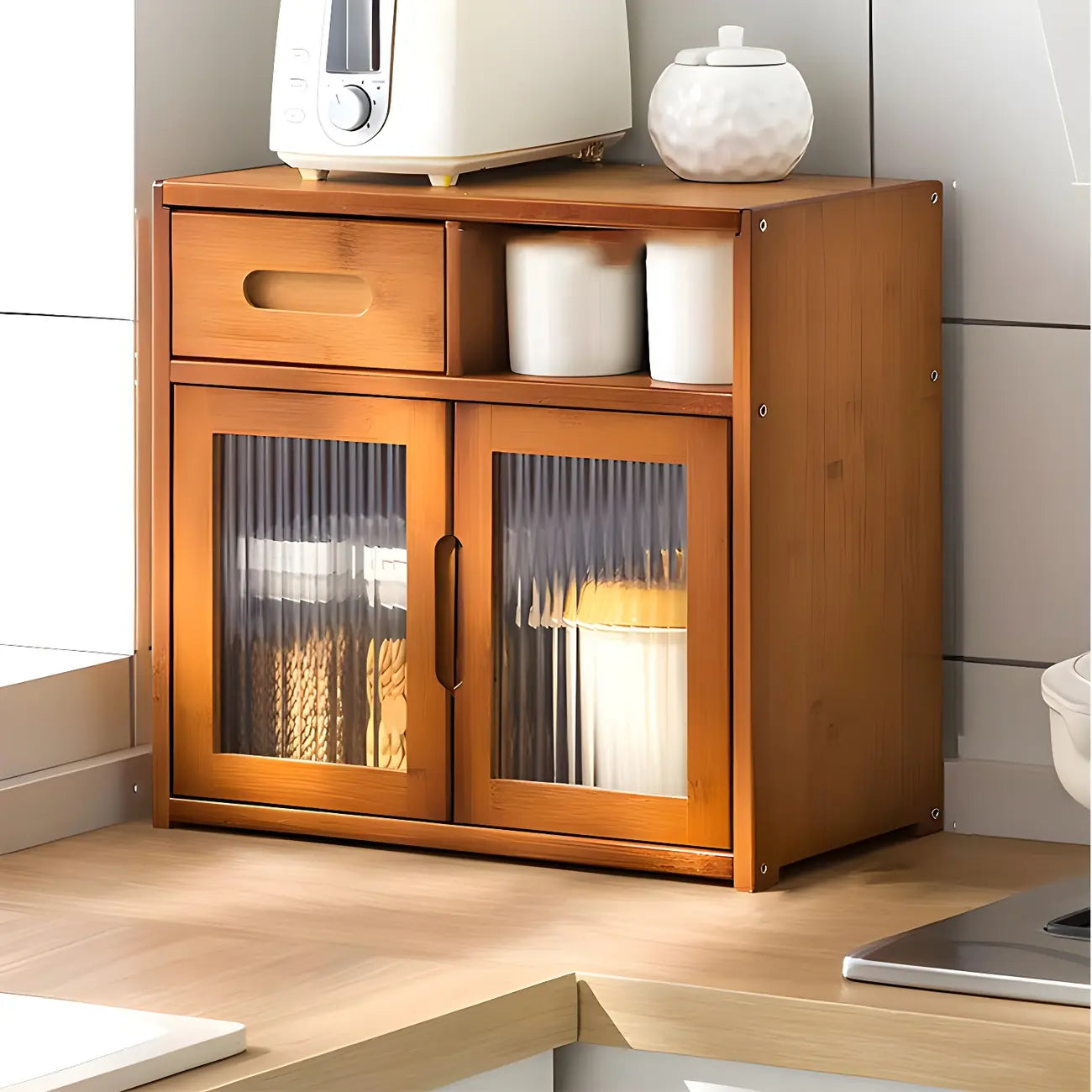 Vitrine moderne en bambou avec portes en acrylique