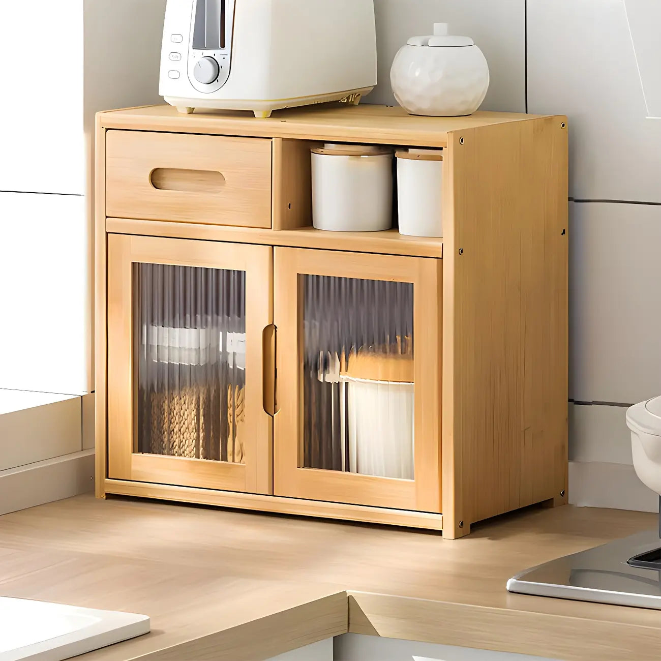 Vitrine moderne en bambou avec portes en acrylique