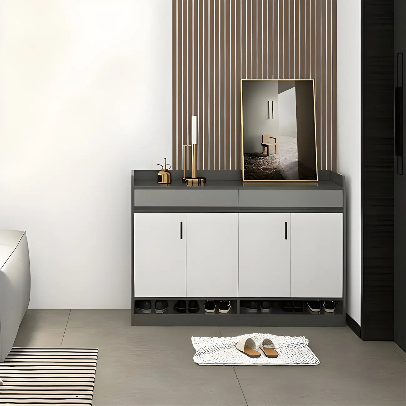 Meuble à chaussures gris moderne avec étagères rectangulaires réglables