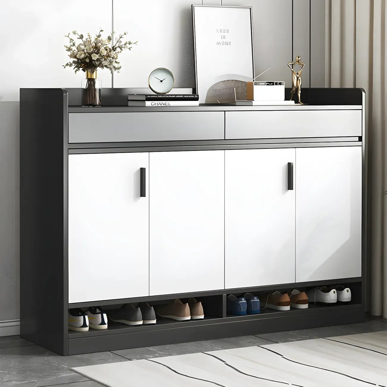 Meuble à chaussures gris moderne avec étagères rectangulaires réglables