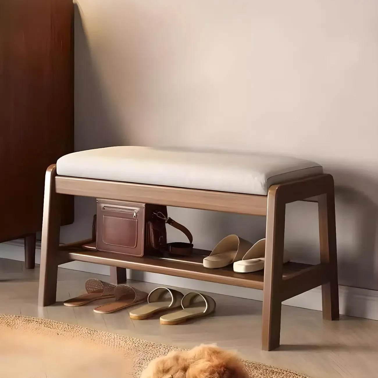 Banc à chaussures trapézoïdal rembourré en bois massif pour entrée