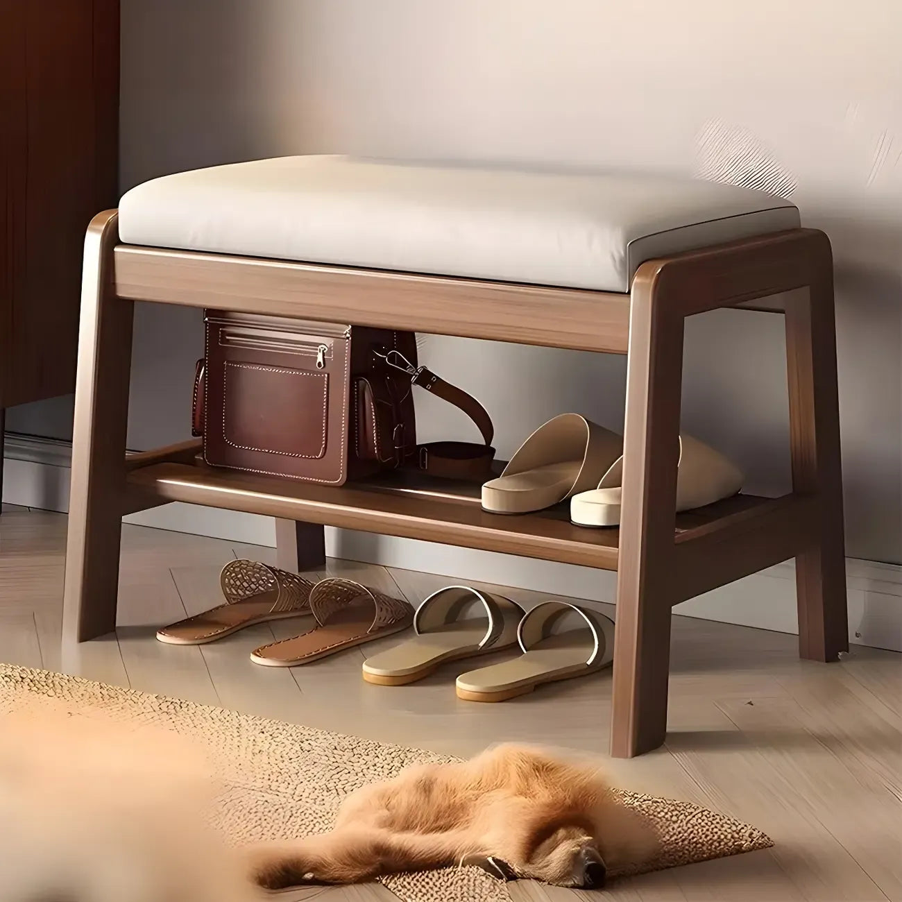 Banc à chaussures trapézoïdal rembourré en bois massif pour entrée