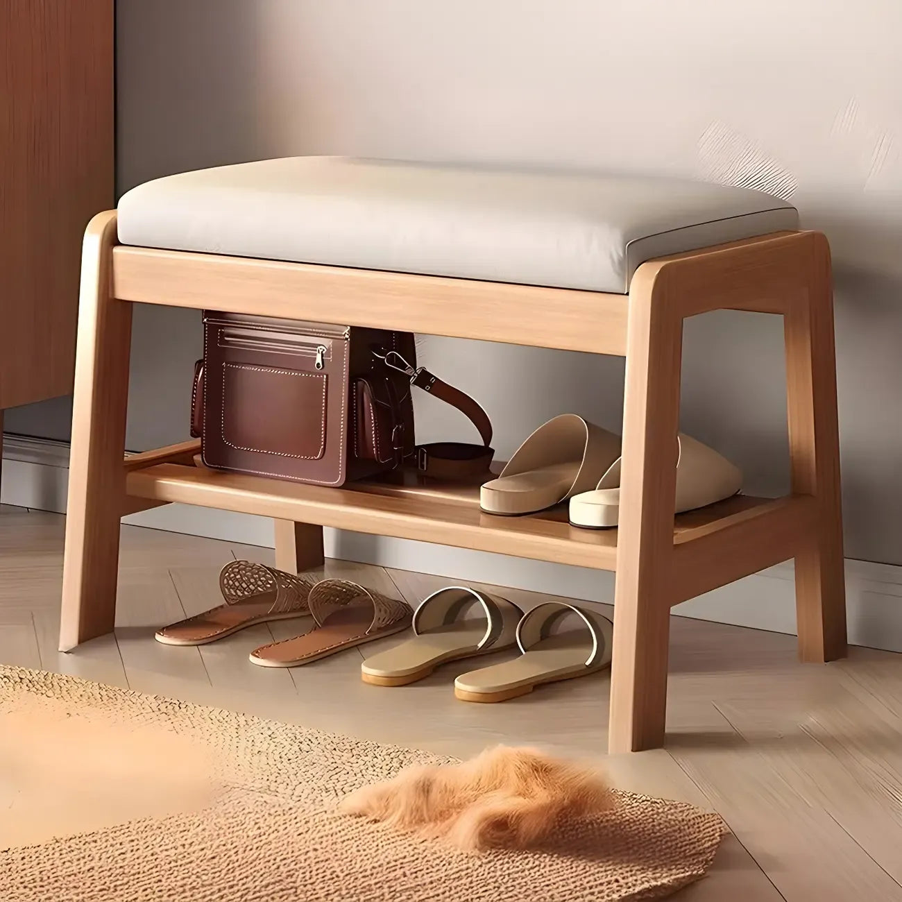 Banc à chaussures trapézoïdal rembourré en bois massif pour entrée