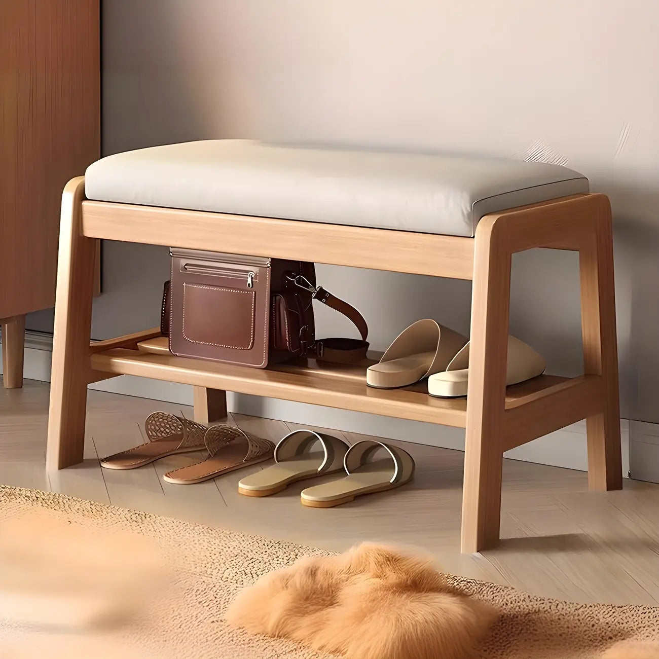 Banc à chaussures trapézoïdal rembourré en bois massif pour entrée