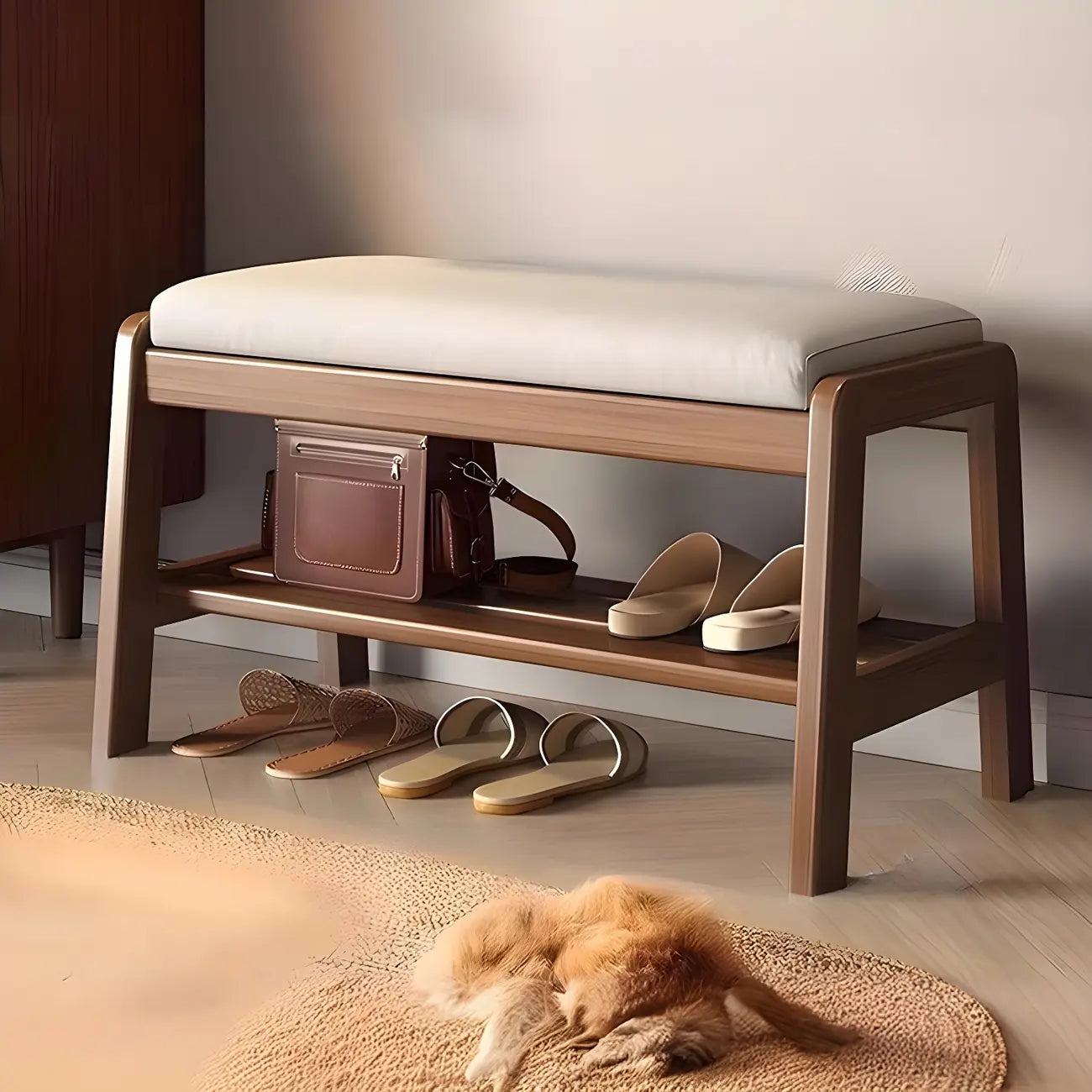 Banc à chaussures trapézoïdal rembourré en bois massif pour entrée