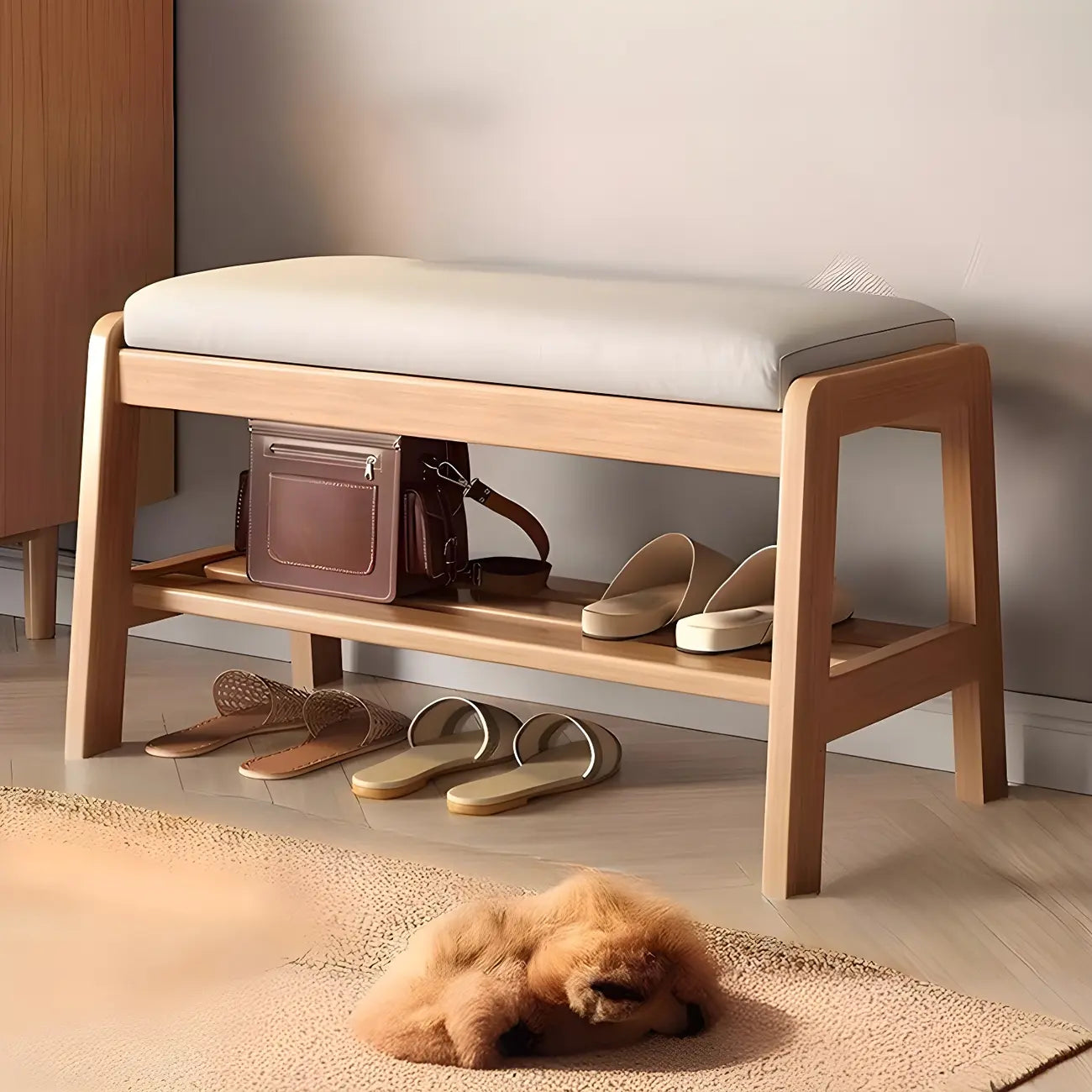 Banc à chaussures trapézoïdal rembourré en bois massif pour entrée