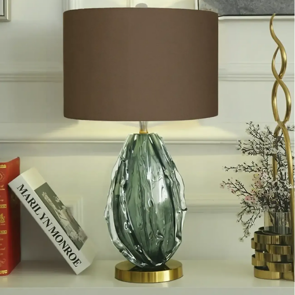Lampe de table moderne en verre vert avec forme en tissu