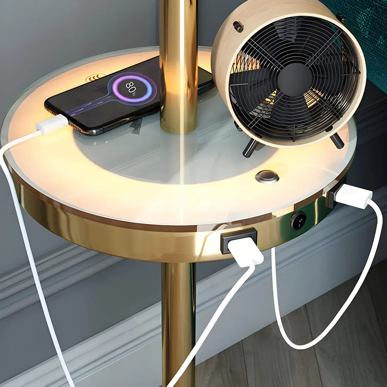 Lampadaire LED doré moderne avec étagère ronde pour salon