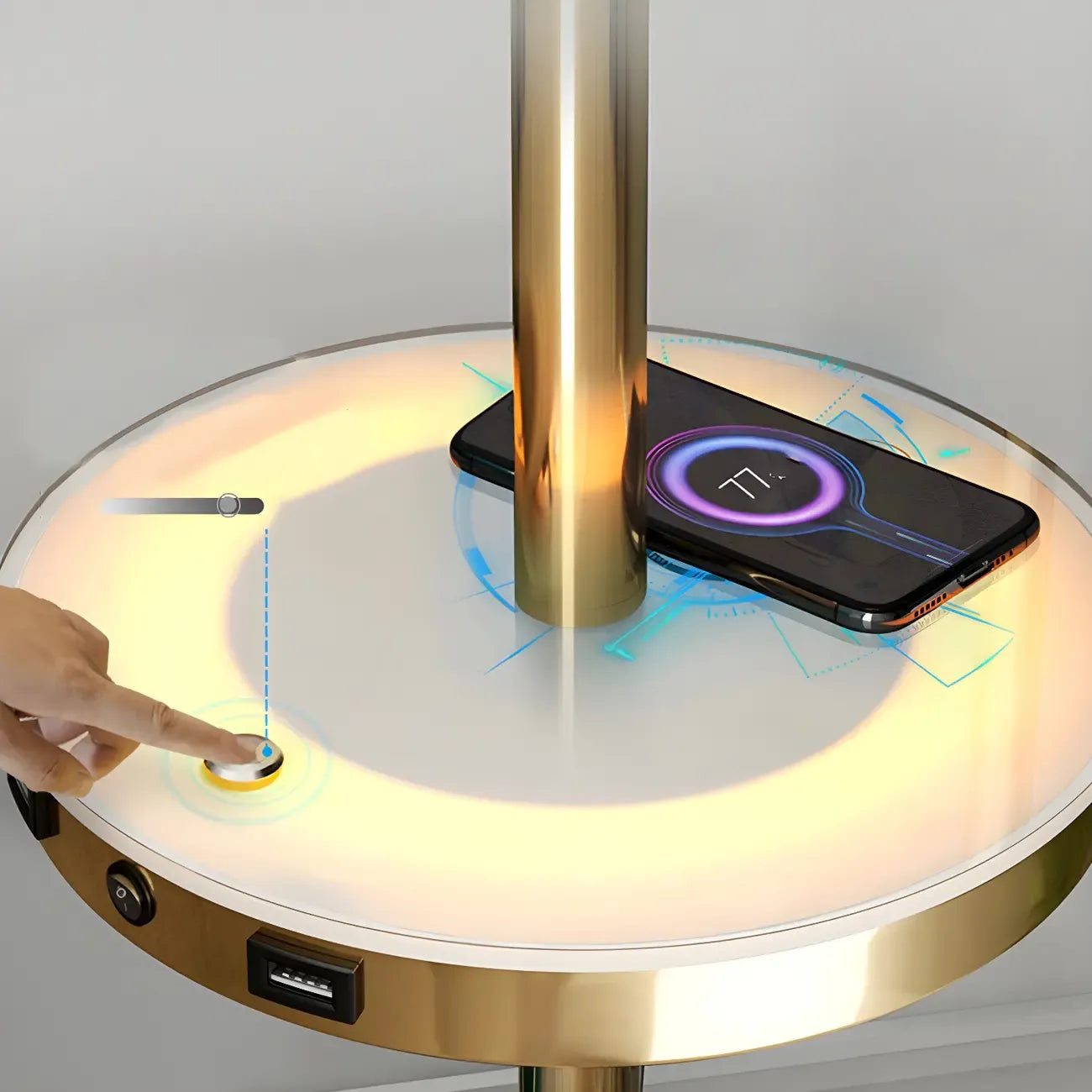 Lampadaire LED doré moderne avec étagère ronde pour salon