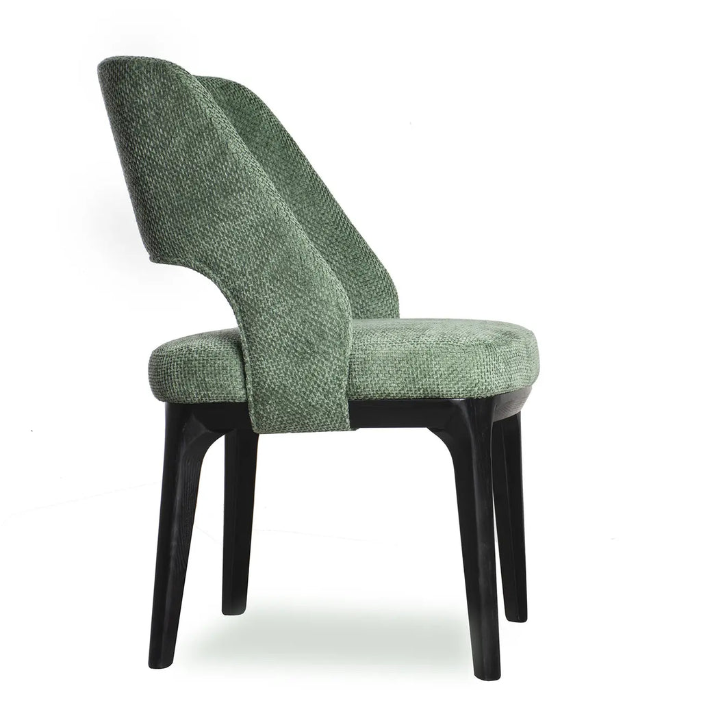 Chaise de salle à manger moderne en coton et lin vert, recouverte d'un revêtement en coton.