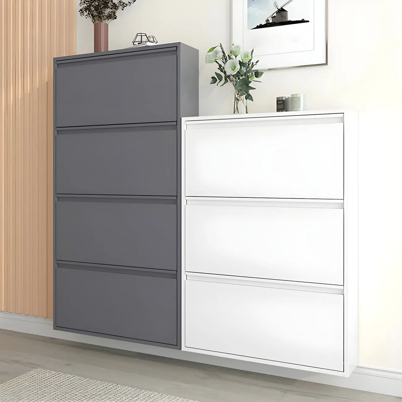 Armoire à chaussures murale en métal gris/blanc