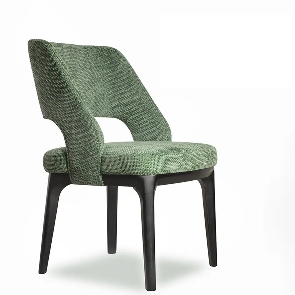Chaise de salle à manger moderne en coton et lin vert, recouverte d'un revêtement en coton.