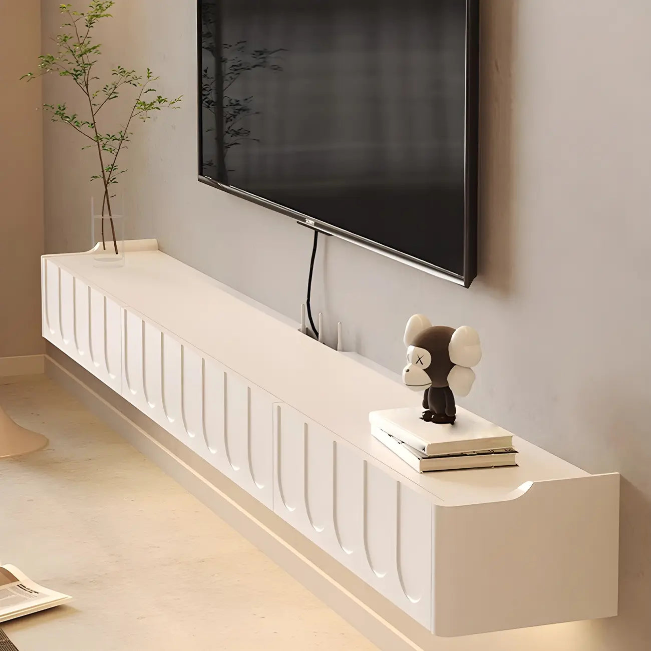 Mobile TV galleggiante a U da 65" in legno bianco con armadietto