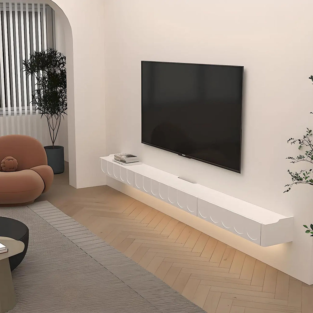 Mobile TV galleggiante a U da 65" in legno bianco con armadietto