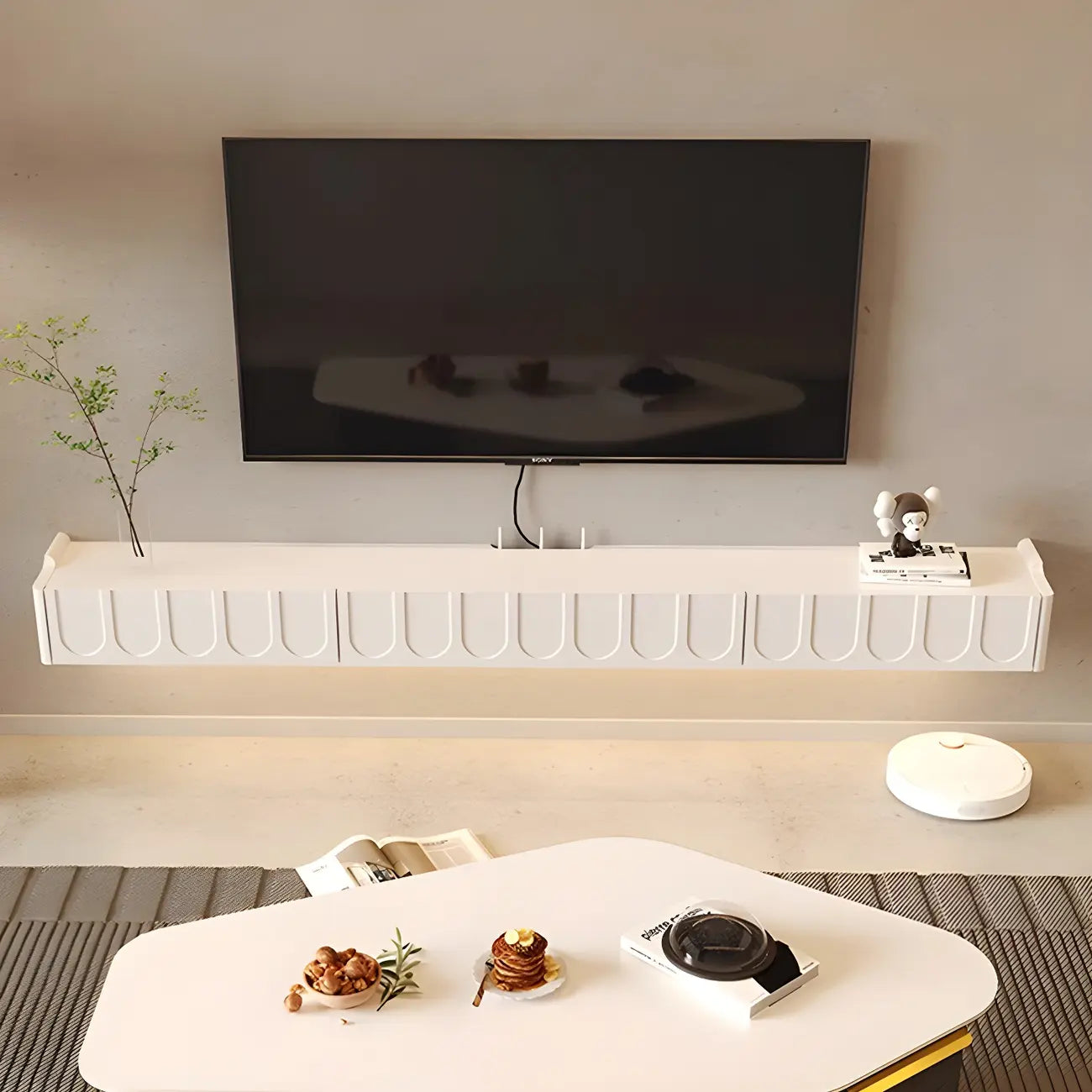 Mobile TV galleggiante a U da 65" in legno bianco con armadietto