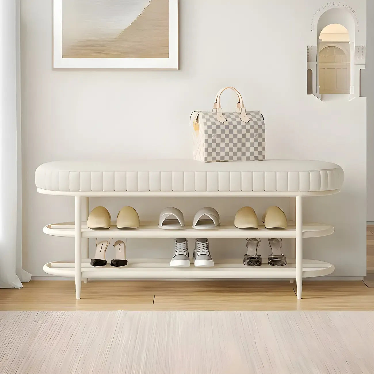 Banc porte-chaussures ovale élégant en métal rembourré
