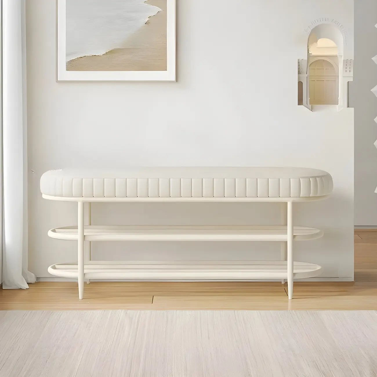 Banc porte-chaussures ovale élégant en métal rembourré