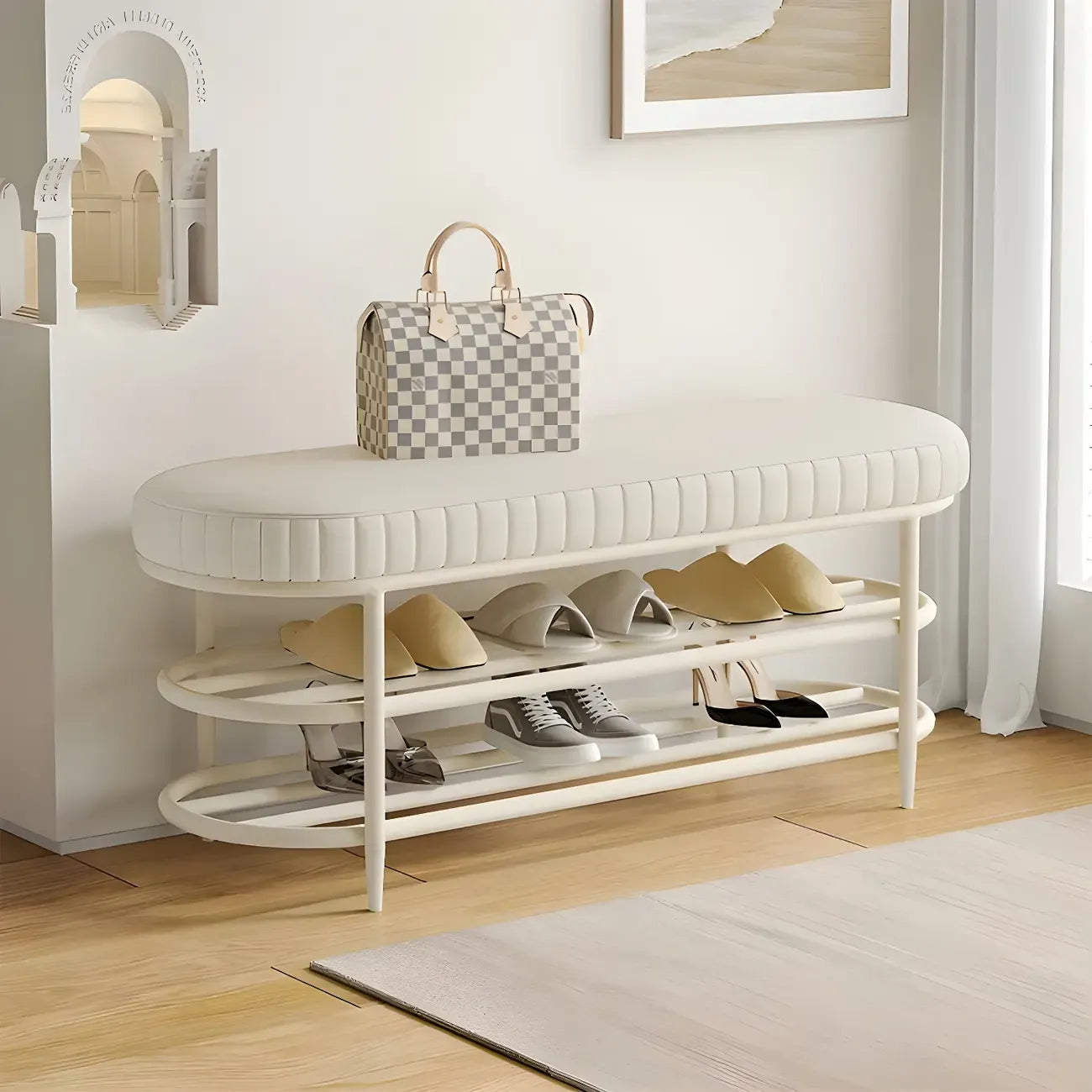 Banc porte-chaussures ovale élégant en métal rembourré