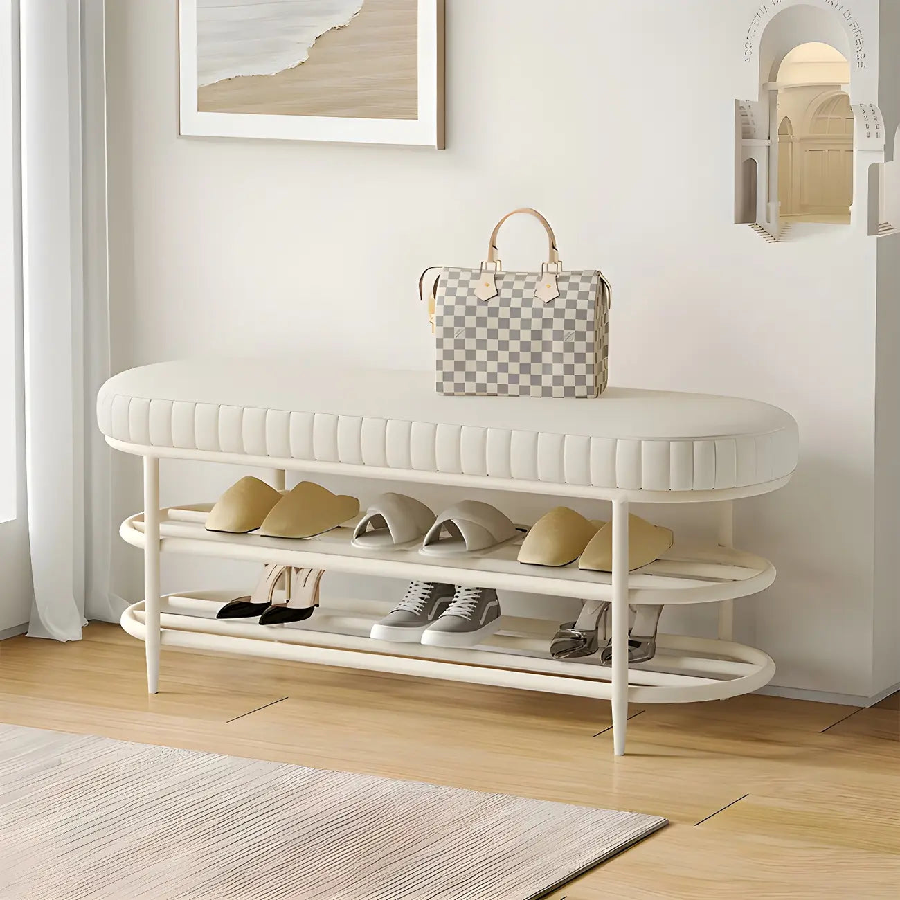 Banc porte-chaussures ovale élégant en métal rembourré