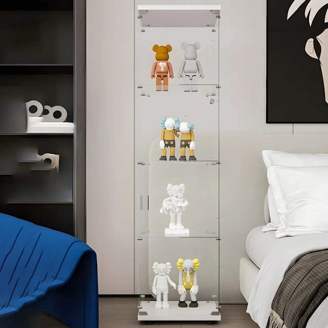 Vitrine rectangulaire minimaliste à 4 étagères en verre transparent