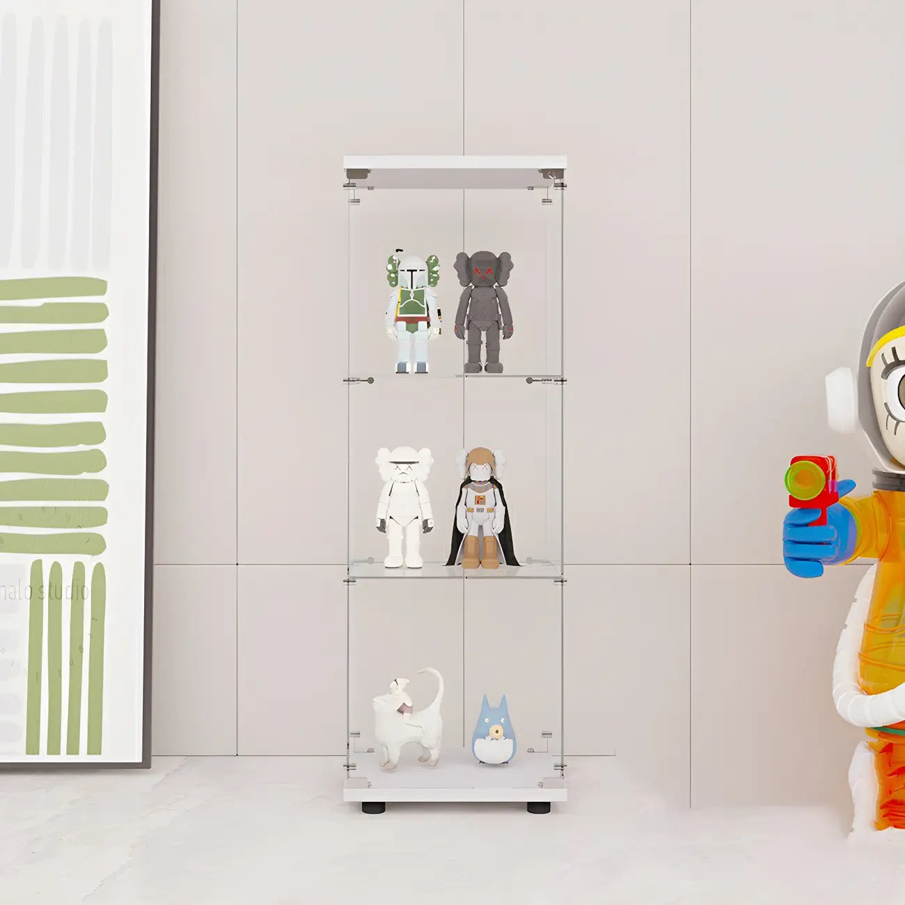 Vitrine rectangulaire minimaliste à 4 étagères en verre transparent