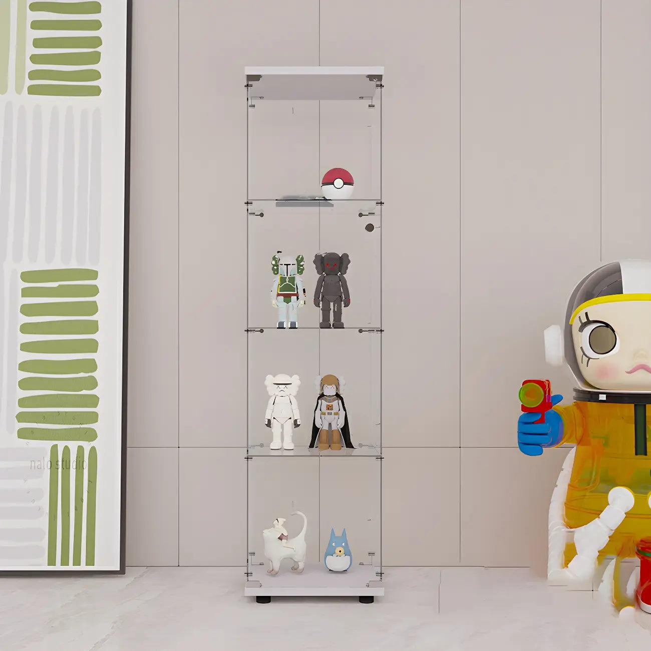 Vitrine rectangulaire minimaliste à 4 étagères en verre transparent