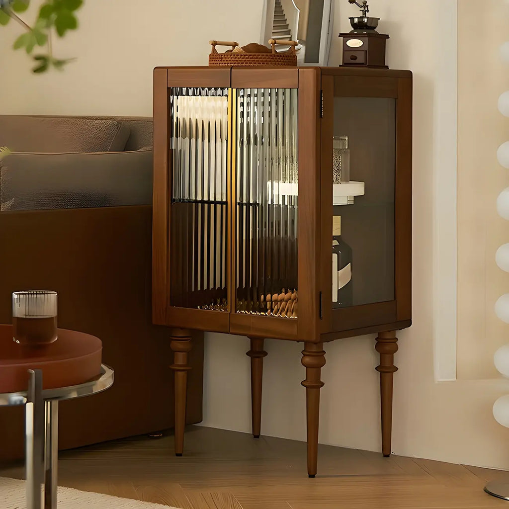Armoire de rangement moderne sur pieds en bois brun et verre