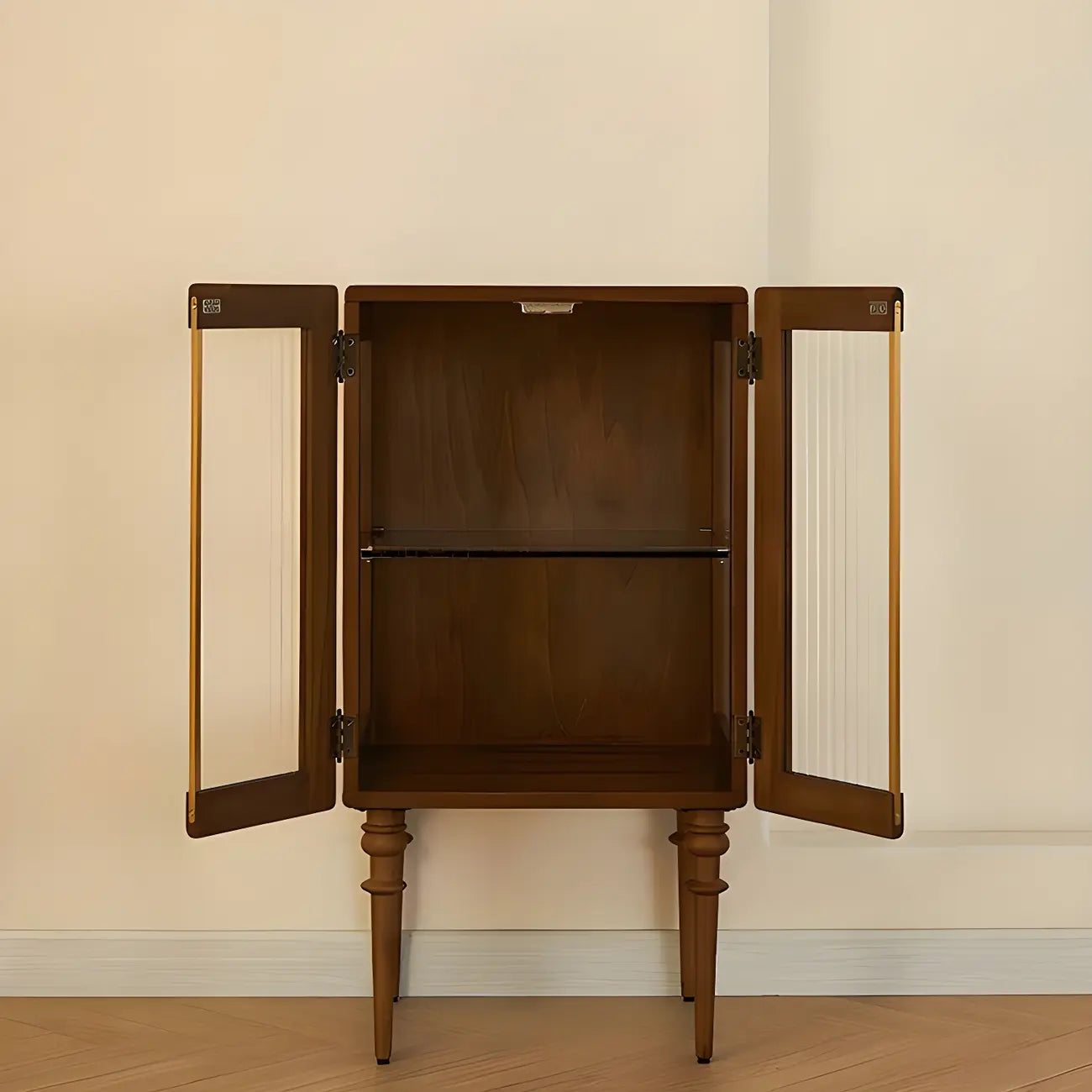 Armoire de rangement moderne sur pieds en bois brun et verre
