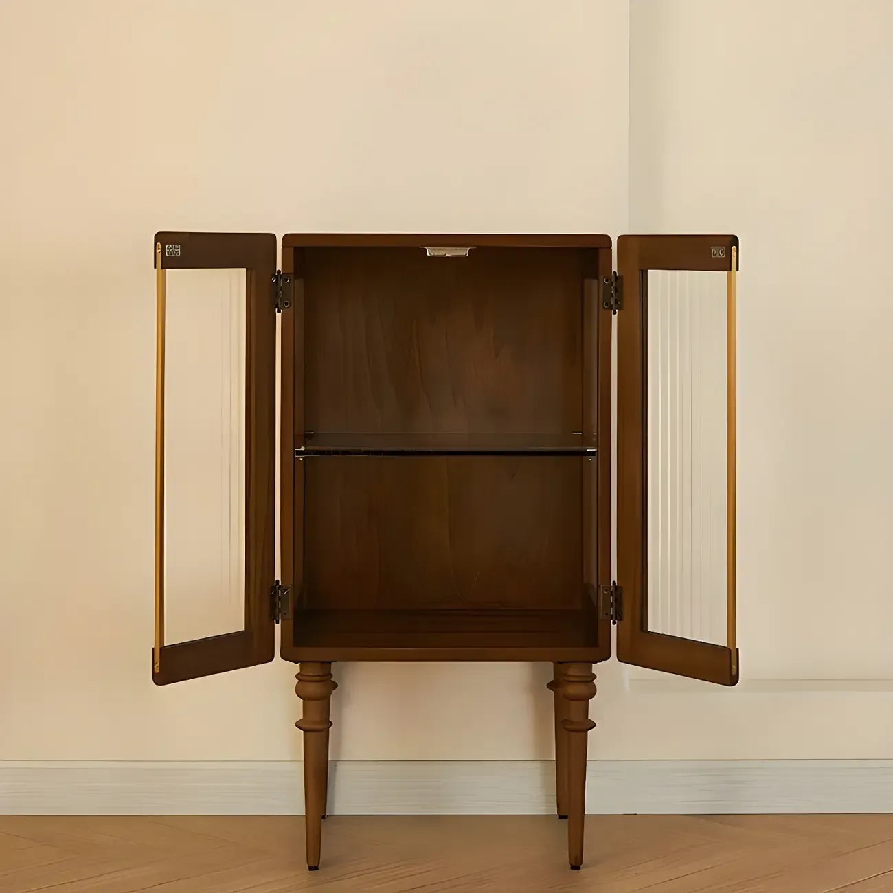 Armoire de rangement moderne sur pieds en bois brun et verre