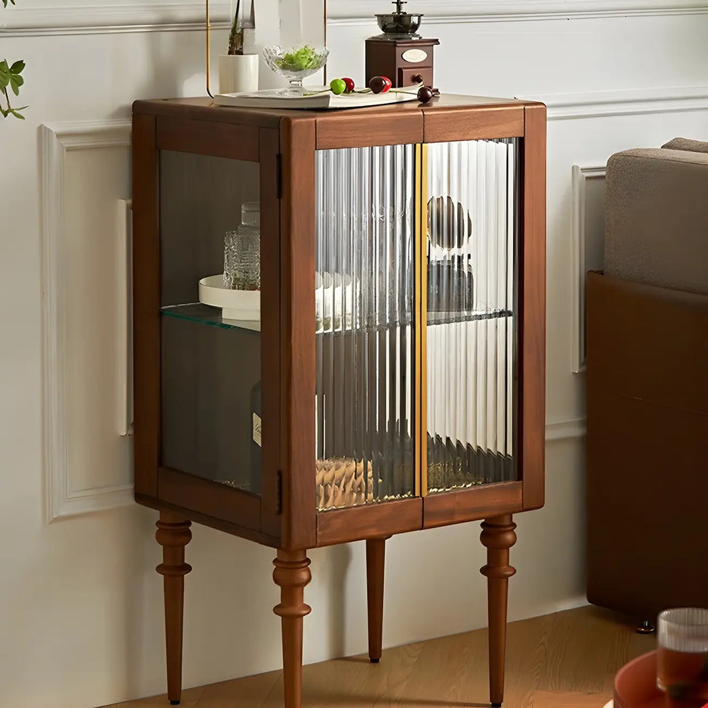 Armoire de rangement moderne sur pieds en bois brun et verre
