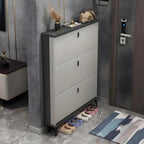 Armoire à chaussures d'entrée grise et blanche à façade rabattable