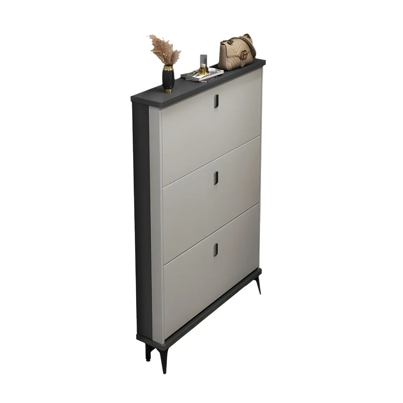 Armoire à chaussures d'entrée grise et blanche à façade rabattable