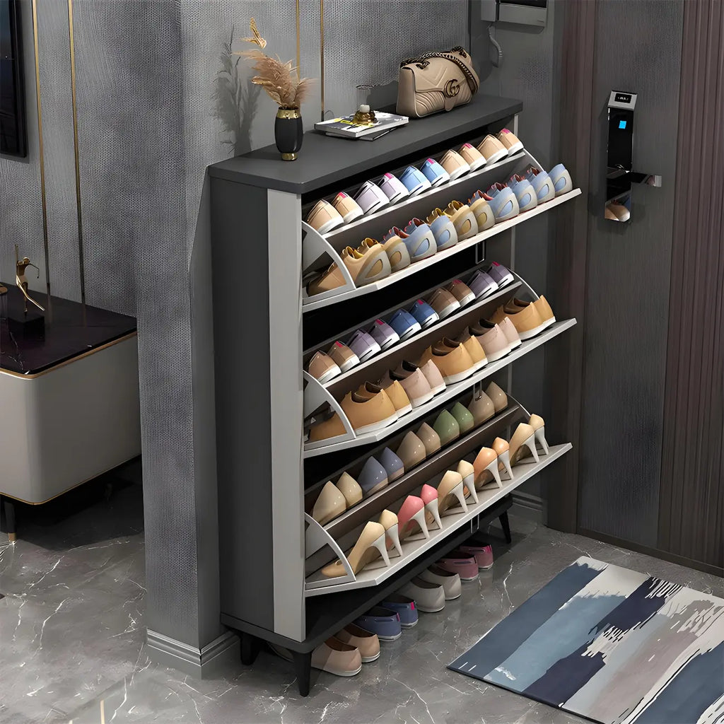 Armoire à chaussures d'entrée grise et blanche à façade rabattable