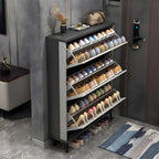 Armoire à chaussures d'entrée grise et blanche à façade rabattable