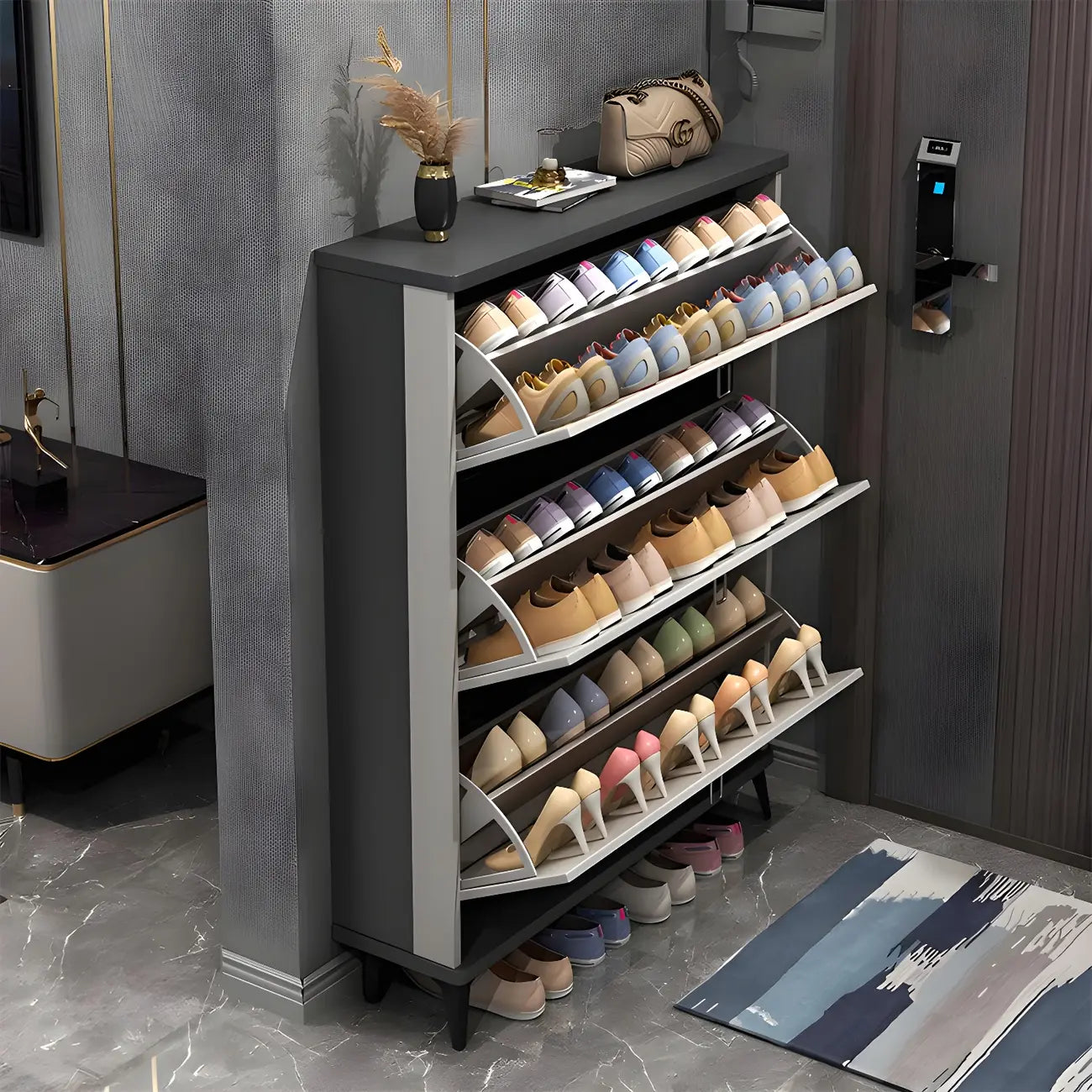 Armoire à chaussures d'entrée grise et blanche à façade rabattable